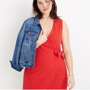 Madewell Texture & Thread Red Faux Wrap Side Tie L Large Dress EUC Sleeveless